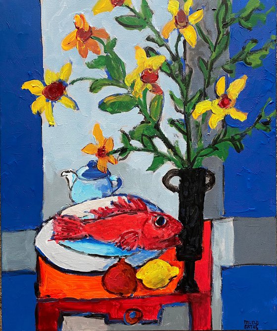 Still Life with Fish and Vase of Flowers.