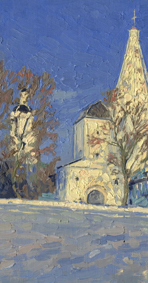 Frosty evening. View of the water tower and the Church of the Ascension by Simon Kozhin