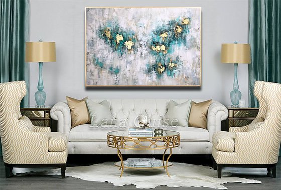 Mint Veil - Abstract Painting 60" x 40" Large Abstract Gold Leaf Soft Colors White Gray Painting