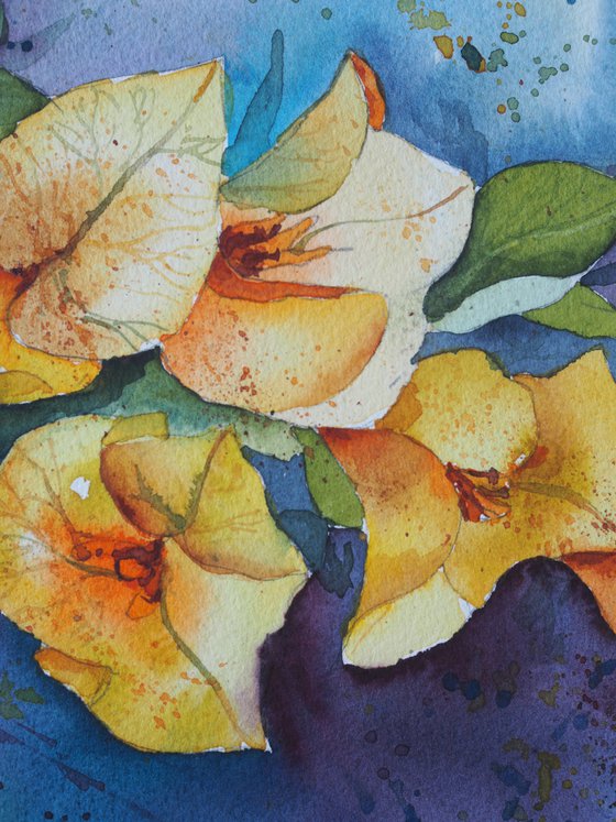 Branch of yellow bougainvillea - original watercolor expressive flowers