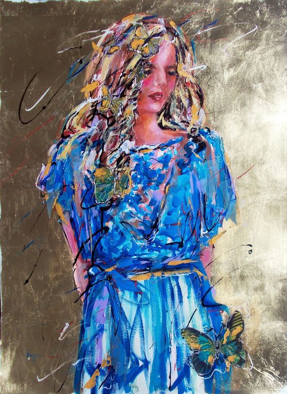 Butterflies In Her Hair -Woman Acrylic Mixed Media  Painting on Paper