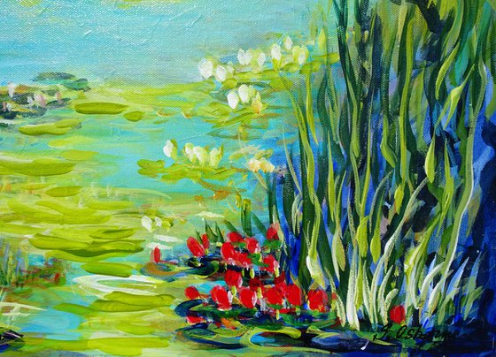 WATER LILY POND. WATER REFLECTIONS.  Modern Impressionism inspired by Claude Monet Water-lilies