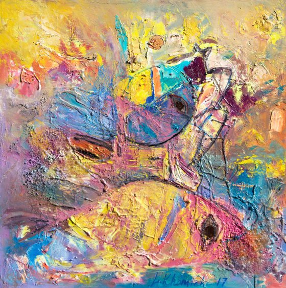 Abstract fishes painting 24 inches Contemporary Art