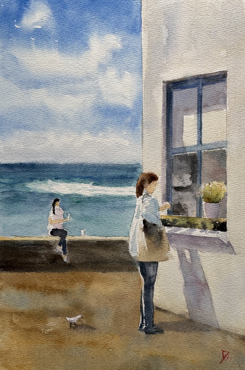 Impressionistic Cityscapes Watercolour By Shelly Du, 8 X 12", Coffee At Manly, Original Artwork