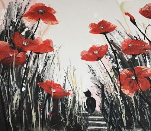 Cat in the Poppy field by Marja Brown