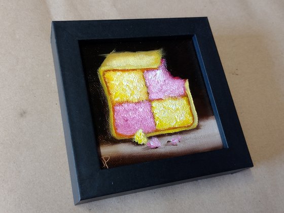 Little Battenberg cake slice still life