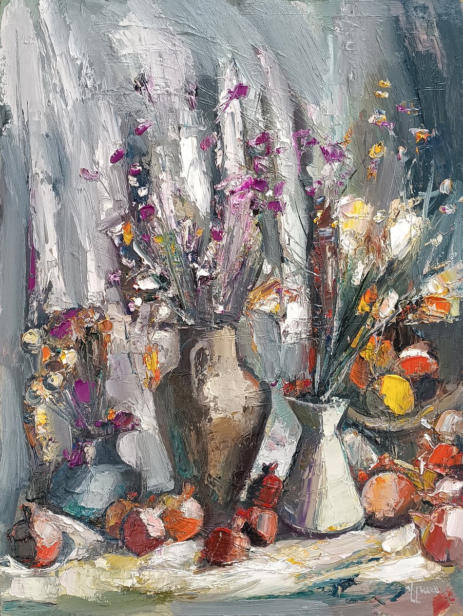Abstract Still Life Oil Painting By Vlas Ayvazyan, 24 X 31", Rich Floral Symphony, Original Artwork