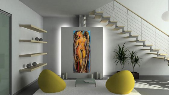 IN SLEEP OR IN WAKING. ANGEL - nude art,  XL large wall sized, original painting angel love wings beautiful female nude, Paris architecture art, Christmas gift, interior decor 170x70