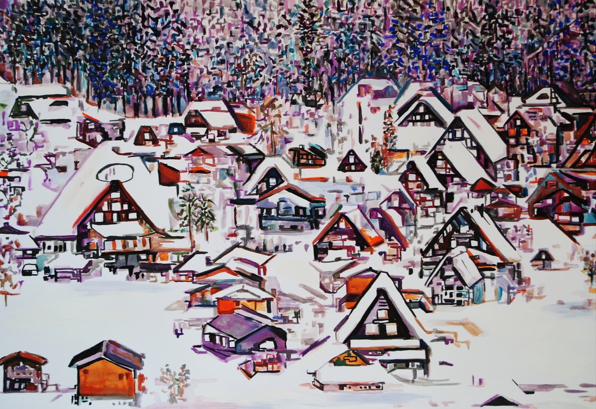 Urban And Pop Cityscapes Painting By Alexandra Djokic, 28 X 20, Winter Village, Original Artwork