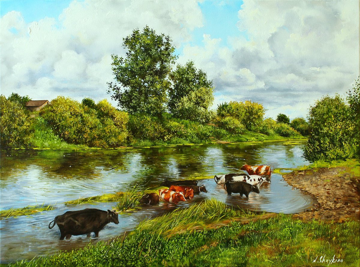 Photorealistic Oil Painting , Cows At The River Watering By Natalia Shaykina, 22 X 16, Artwork For Sale On Artfinder