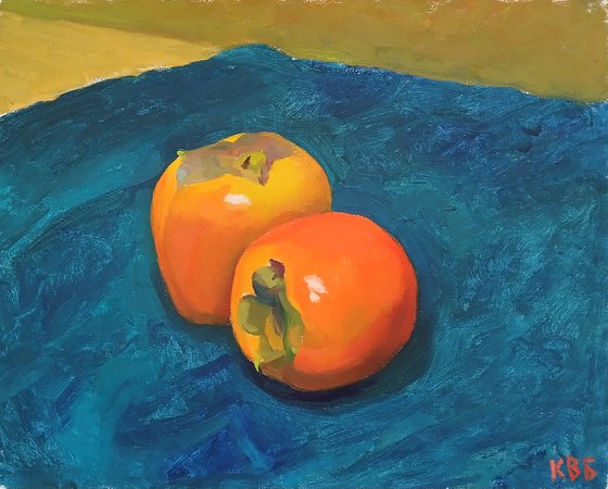 Two Persimmons on Blue Cloth