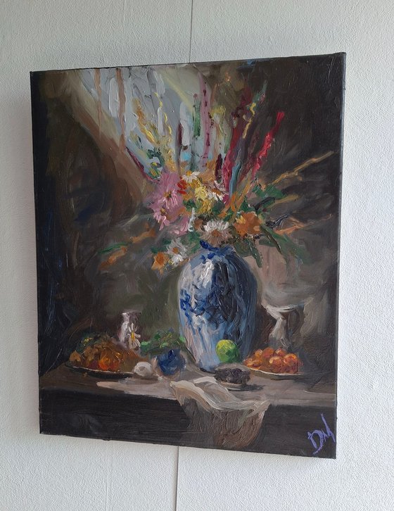 Flowers, fruits and vase