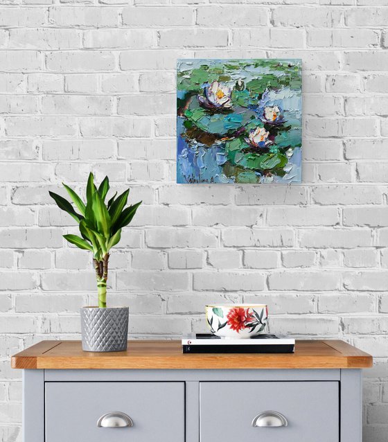 White Water Lilies - Pond flowers  Impasto Original Oil painting