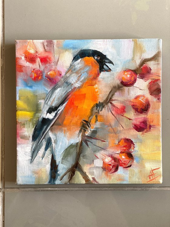 Small bird bullfinch original oil painting. Orange, red and blue.Gift painting, square canvas. Winter snowy day with bright bird and berries