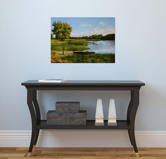 Old wooden boats on the river bank, Serene Summer Landscape