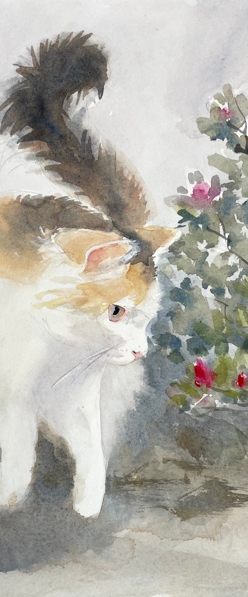 Cat and azalea by Shelly Du