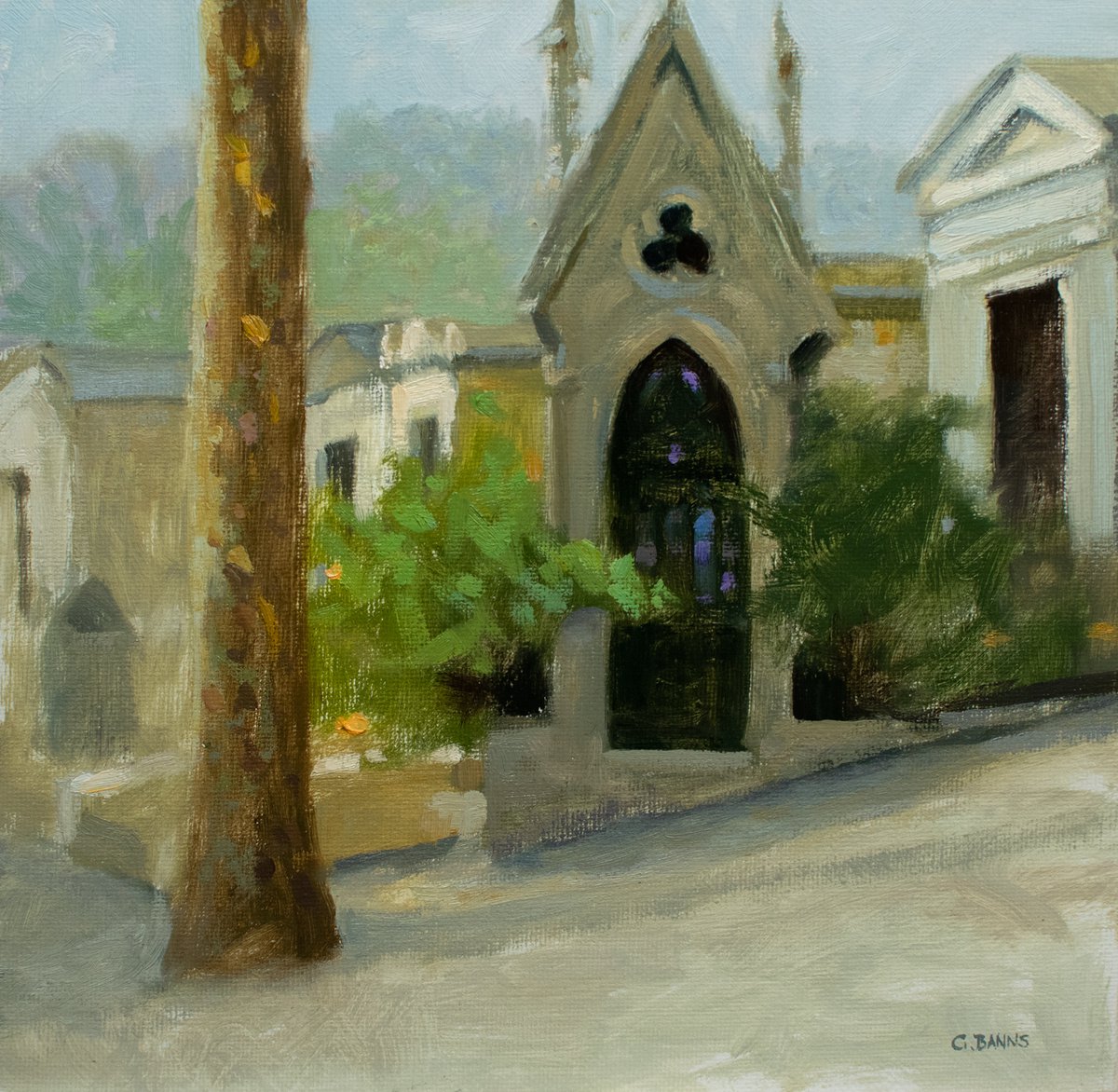 Impressionistic Cityscapes Oil Painting By Gav Banns, 10 X 10, Pere Lachaise Cemtery Paris, Original Artwork