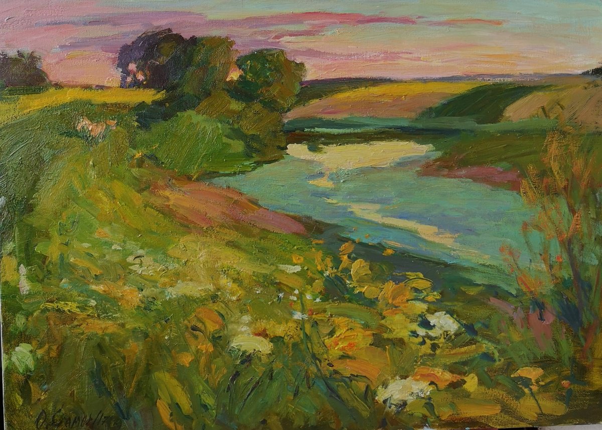 Impressionistic Landscape Oil Painting By Olga Samar, 28 X 20", Evening By The Lake, Original Artwork