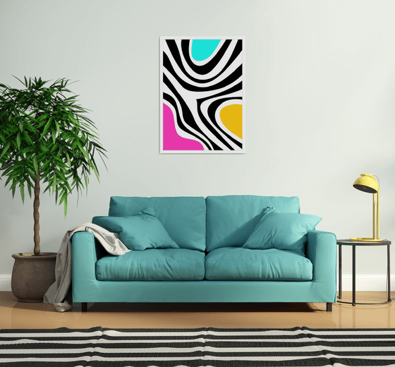 Abstraction artwork zebra multi-colored yellow pink black blue stripes