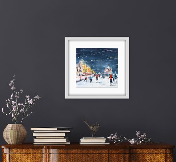 Skating rink on Red Square, Moscow. Original watercolor artwork.