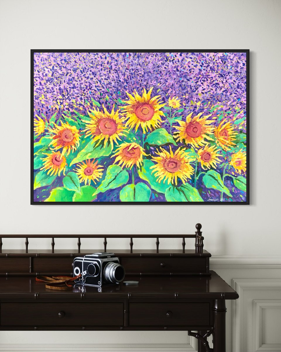 Impressionistic Botanical Oil Painting By Volodymyr Smoliak, 39 X 28", Sunflower In Lavender Field, Original Artwork