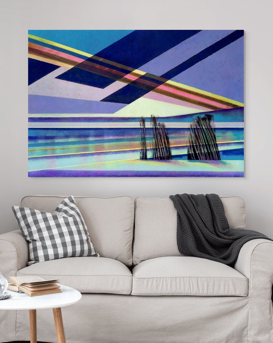 Abstract Landscape Oil Painting By Evgen Semenyuk, 47 X 31, Planes Of Water And Sun, Original Artwork