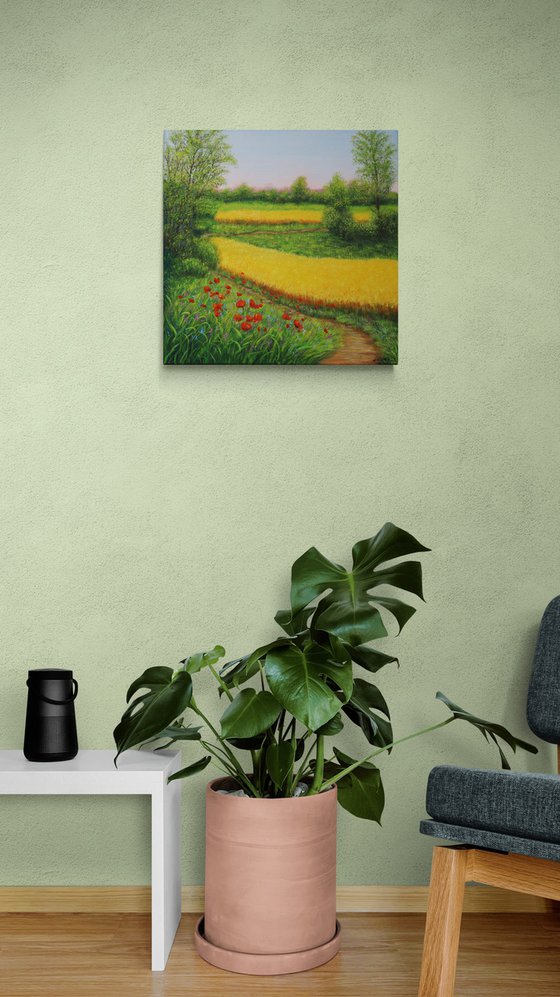 Country landscape with poppy meadow