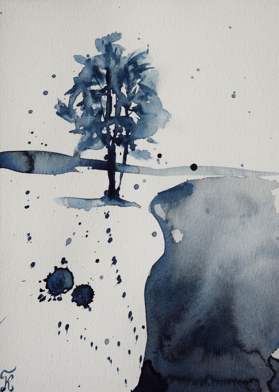 Original watercolor painting postcard Winter snow tree, black and white