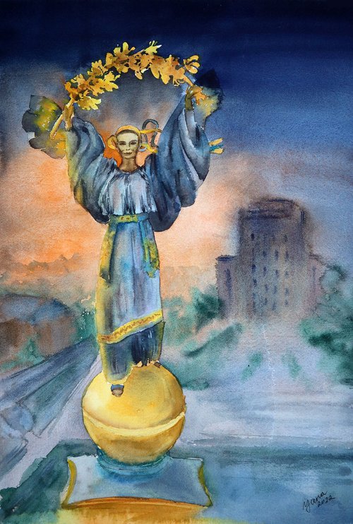 Freedom of Ukraine in Watercolor - Independence Monument by Yana Shvets