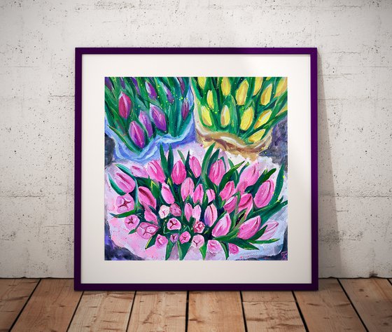 Tulips Original Gouache Painting, Flower Watercolor Art, Bouquet Artwork, Cottagecore Aesthetic