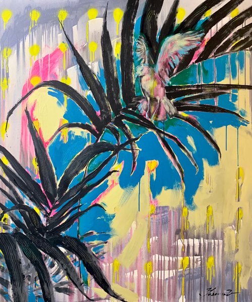 Bright painting - "Flight over a palm tree" - Pop Art - Palms - Bird - Summer - 110x95cm by Yaroslav Yasenev