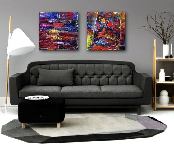 "Play With Me" - FREE WORLDWIDE SHIPPING - Original Large PMS Abstract Diptych Oil Paintings On Canvas - 40" x 20"