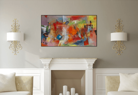 The Heat Of The Day, Large abstract painting, Original art, Oil on canvas, horizontal painting 82x145 cm, red tones