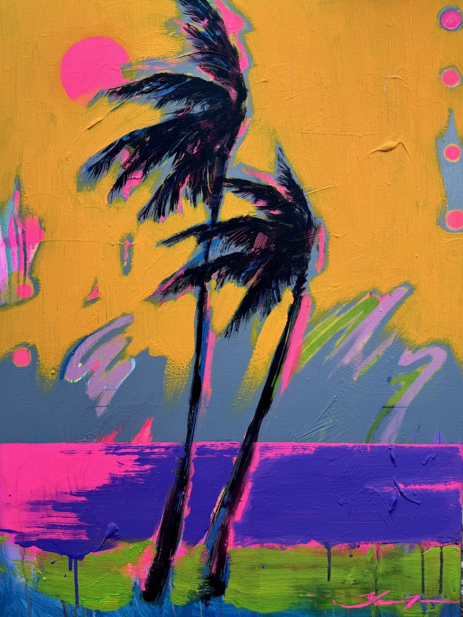 Urban And Pop Landscape Acrylic Painting By Yaroslav Yasenev, 24 X 31", Pink Ocean, Original Artwork