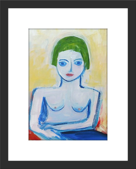 NUDE GIRL PORTRAIT, BLUE EYES, GREEN HAIR. Original Female Figurative Acrylic Painting. Varnished.