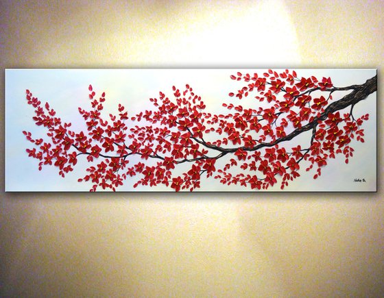 Red Cherry Blossom - Extra Large Textured Flowers Painting