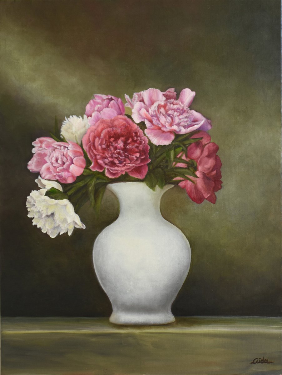 Peonies in a white vase by Aida Taha