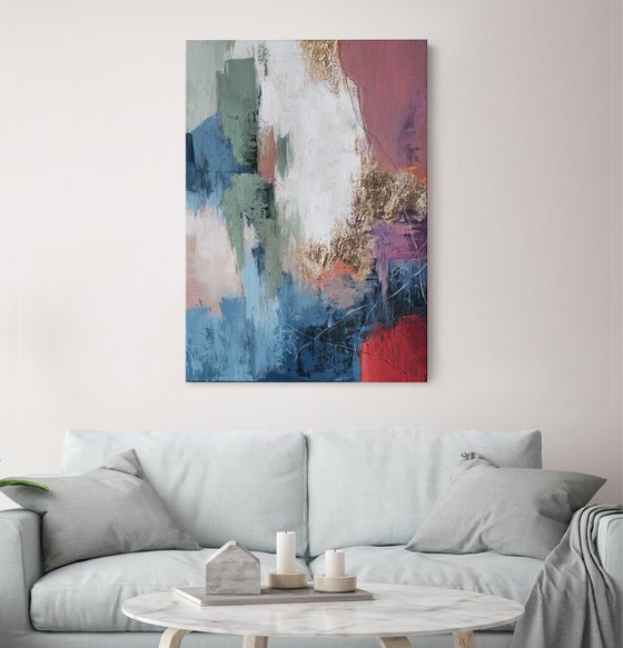 "Pink Brume" Pink blue gold abstract art