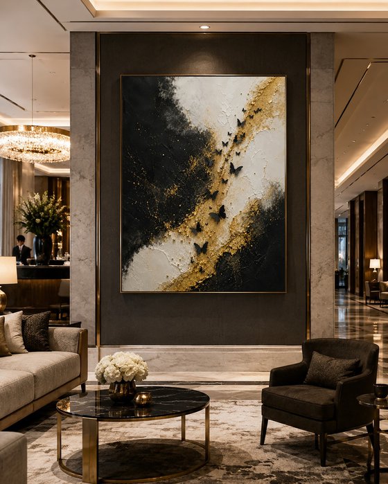 Black Butterflies over Abstract Gold