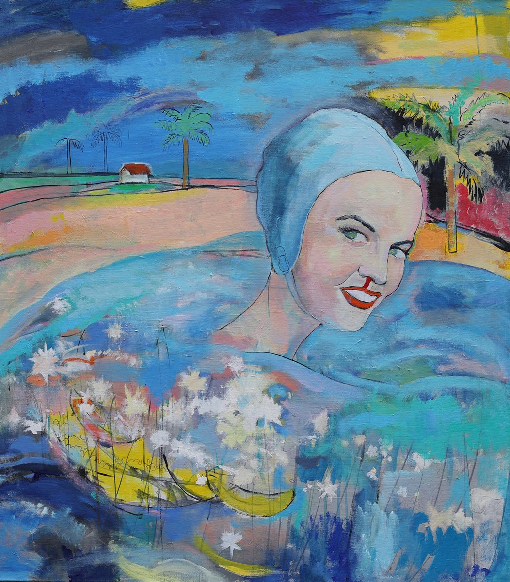 Surrealistic Acrylic Painting , Swimmers And Glowing Algae By Artem Andreichuk, 41 X 47, Artwork For Sale On Artfinder