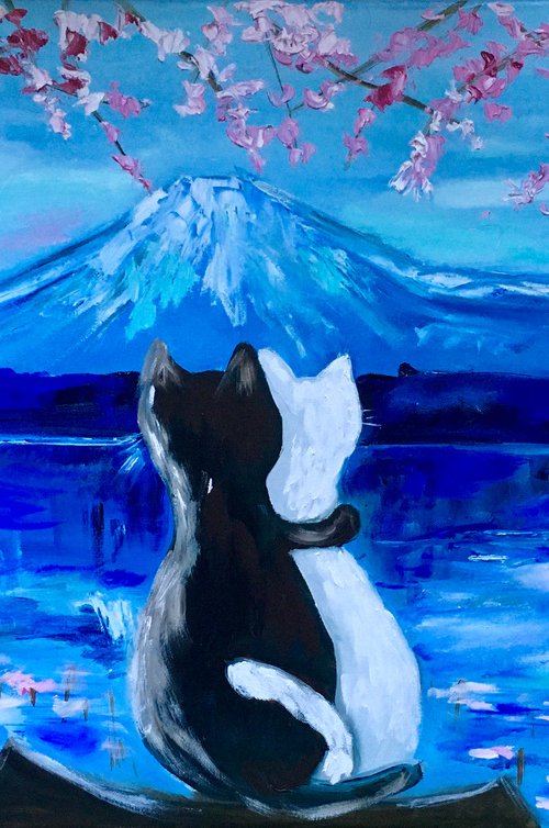 Cats in Japan Travel to Japan in spring, blooming Sakura , Mount Fuji , romantic evening. by Olga Koval