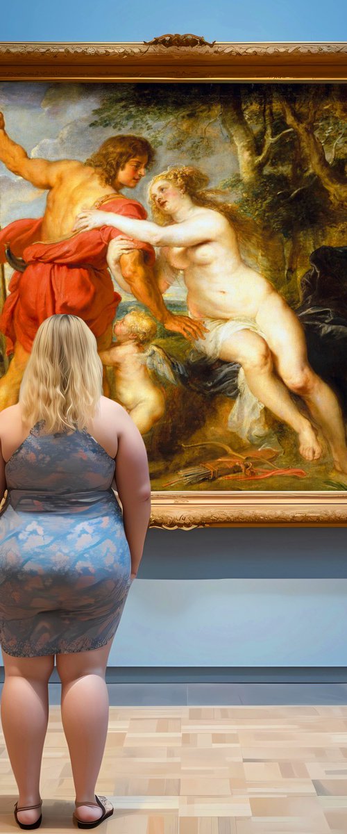 You are Venus too! You are Goddess! Large original female portrait Body positivity woman art. Woman in museum with Venus and Adonis painting by Peter Paul Rubens. Art Gift by BAST