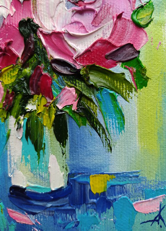 Roses -  small bouquet, rose, small painting, bouquet, flowers oil painting, oil painting, flowers,  postcard, gift idea, gift