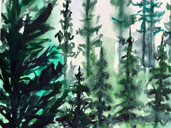 Pine Tree Art, Original Watercolor Painting, Forest Artwork, Mountain Wall Art, Christmas Gift