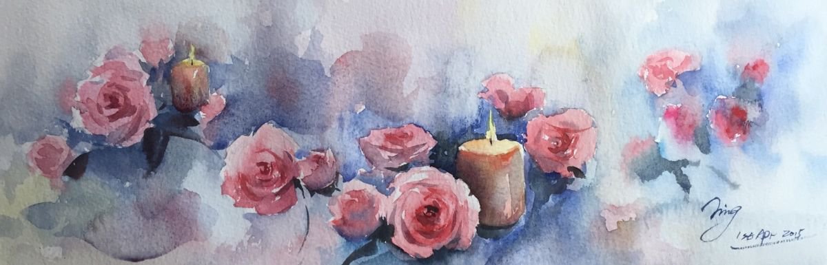 Impressionistic Botanical Watercolour By Jing Chen, 17 X 6, Midnight Blues, Original Artwork