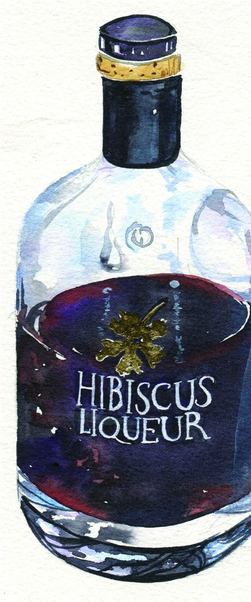 Original Watercolour Painting of Hibiscus Liqueur in a Bottle by Hannah Clark