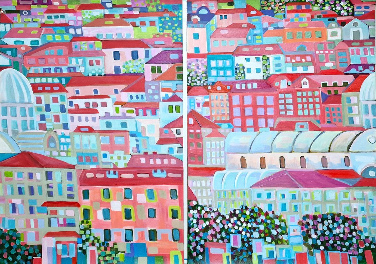 Naive Cityscapes Acrylic Painting By Alexandra Djokic, 40 X 28, Cityscape Diptych, Original Artwork