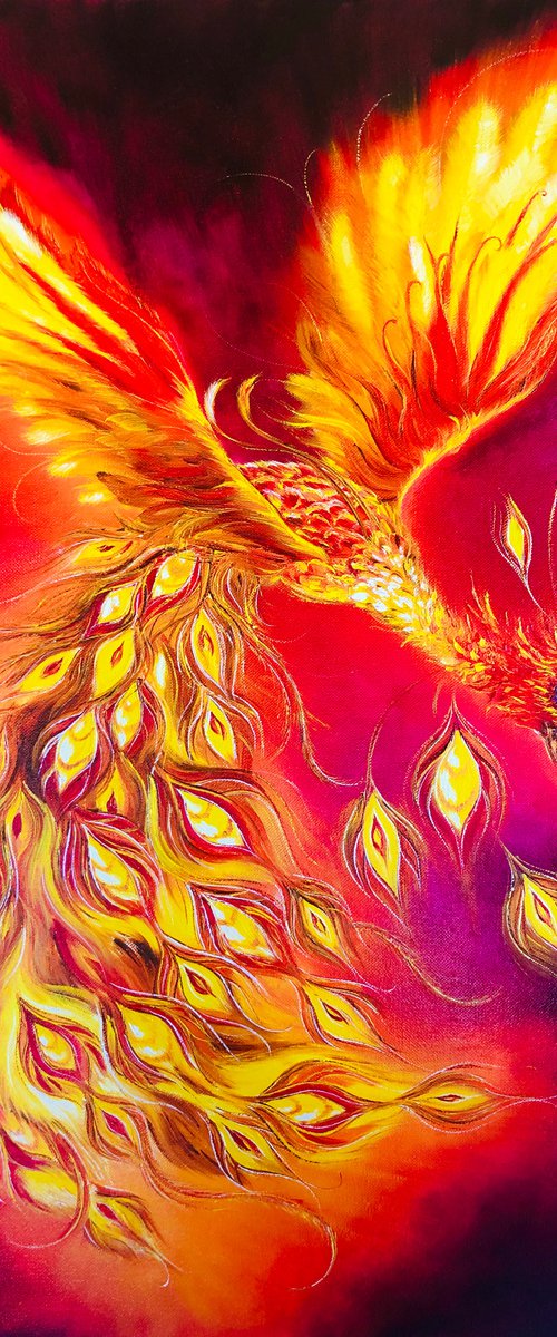 THE ENERGY OF THE FLAME - Firebird fabulous. Fantastic phoenix. Abstract firebird. Faming phoenix. Fire bird. Big wings. Gold feathers. Magic. Flight. Shine. Ash. by Marina Skromova