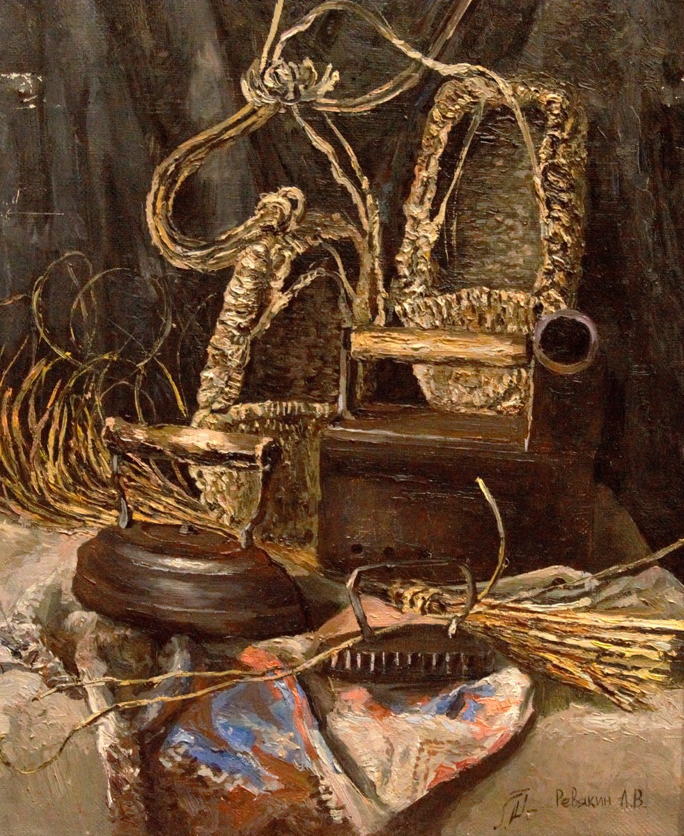 Straw shoes and charcoal irons. Realism oil painting by Dmitry Revyakin