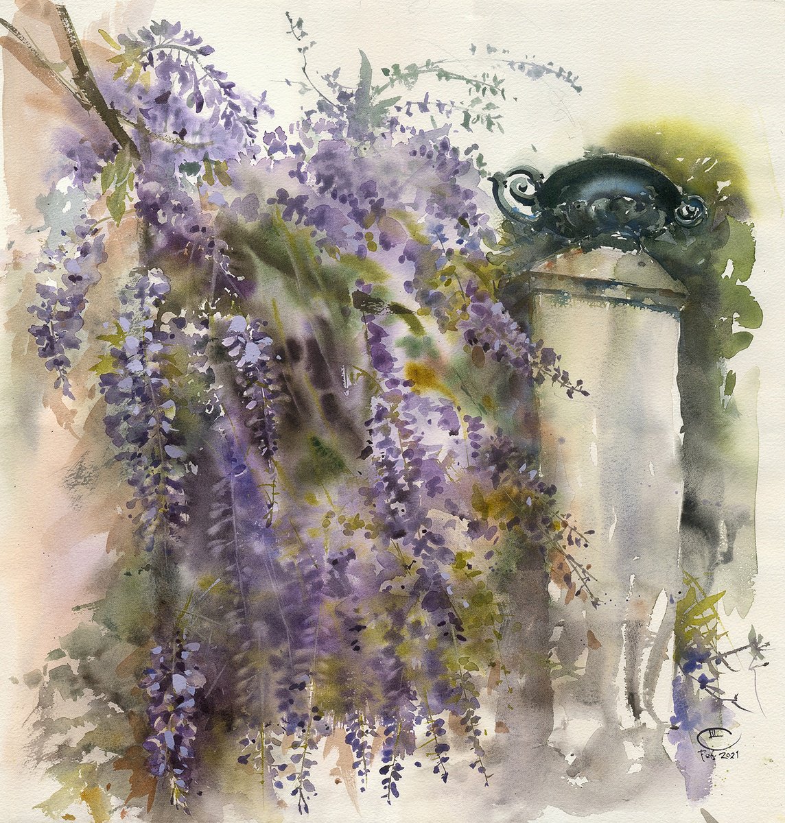 Impressionistic Botanical Watercolour By Tatyana Tokareva, 20 X 21", Glycine, Original Artwork